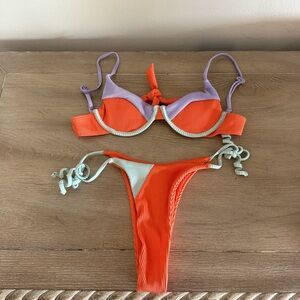 NWOT SHEIN Orange, Purple & Mint Color Block Ribbed String Bikini